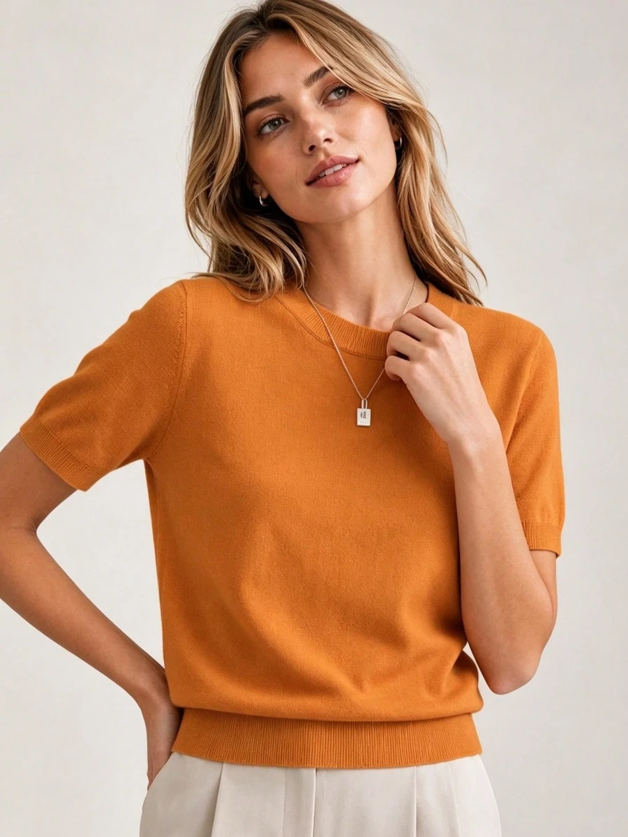 Women's Lightweight Solid Color Short Sleeve Knit T-Shirt, Minimalist Summer Top - Orange - View 1