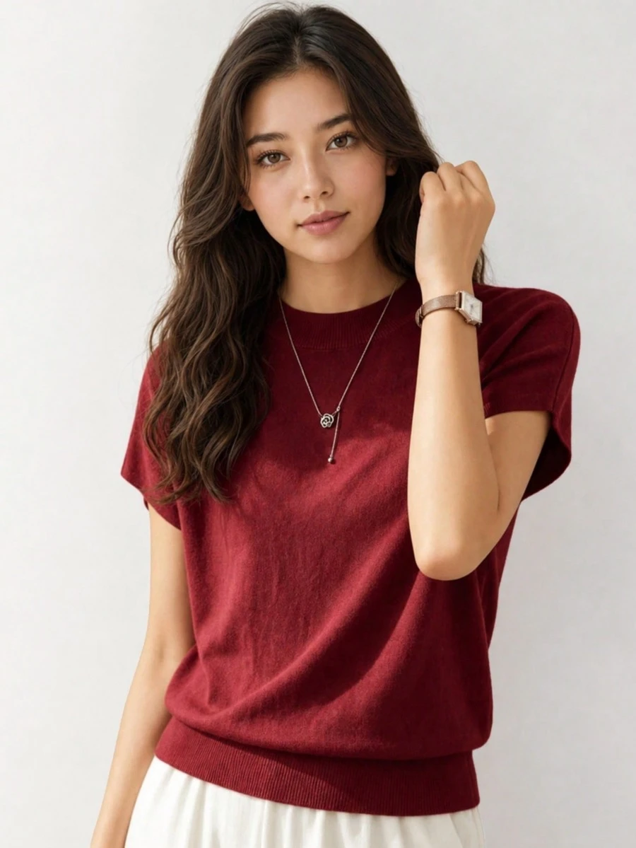 精纺新款宽松短袖T恤女款,独特无袖针织上衣,纯色夏季打底衫 - 酒紅色 - 查看 1