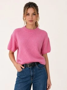 Nouveau pull tricoté en laine ample, Top pull à col rond et manches courtes pour femmes, printemps/été - Rose vif - Voir 1