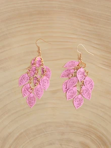 Glizzene 1 Pair Fashionable Hollow Multi-Leaf Pendant Metal Earrings, Suitable For Festivals, Parties And Daily Wear, Women Jewelry - Pink - View 3