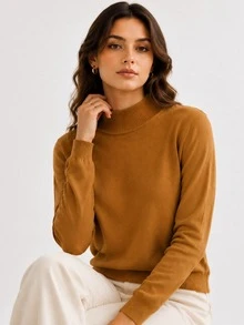 New Turtleneck Knitted Sweater For Women, Tight Fitted, Versatile Autumn/Winter Base Layer Brown - Brown - View 1