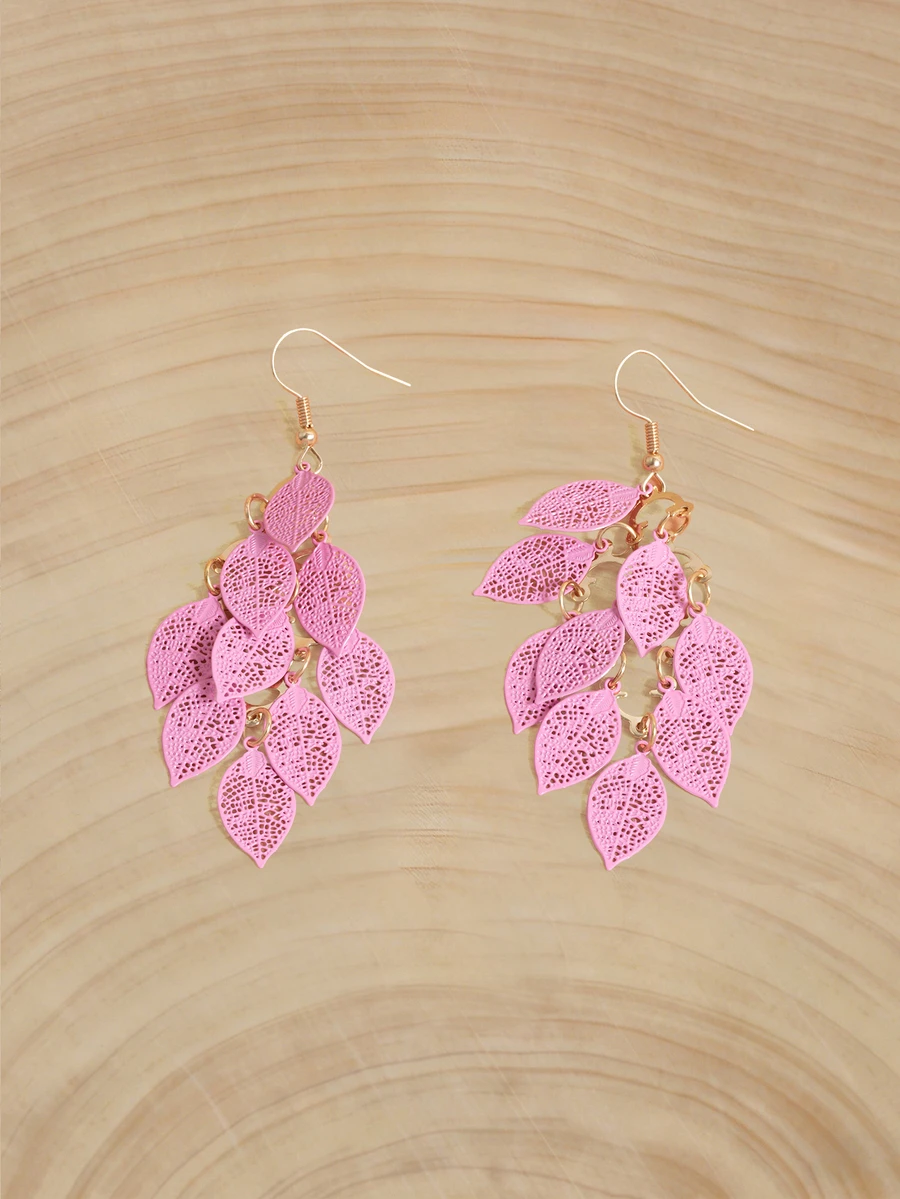Glizzene 1 Pair Fashionable Hollow Multi-Leaf Pendant Metal Earrings, Suitable For Festivals, Parties And Daily Wear, Women Jewelry - Pink - View 1