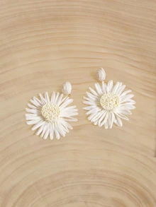 Glizzene 1對時尚拉菲草大花耳環，海灘度假飾品，新娘吊飾耳環女款 - 白色 - 查看 2