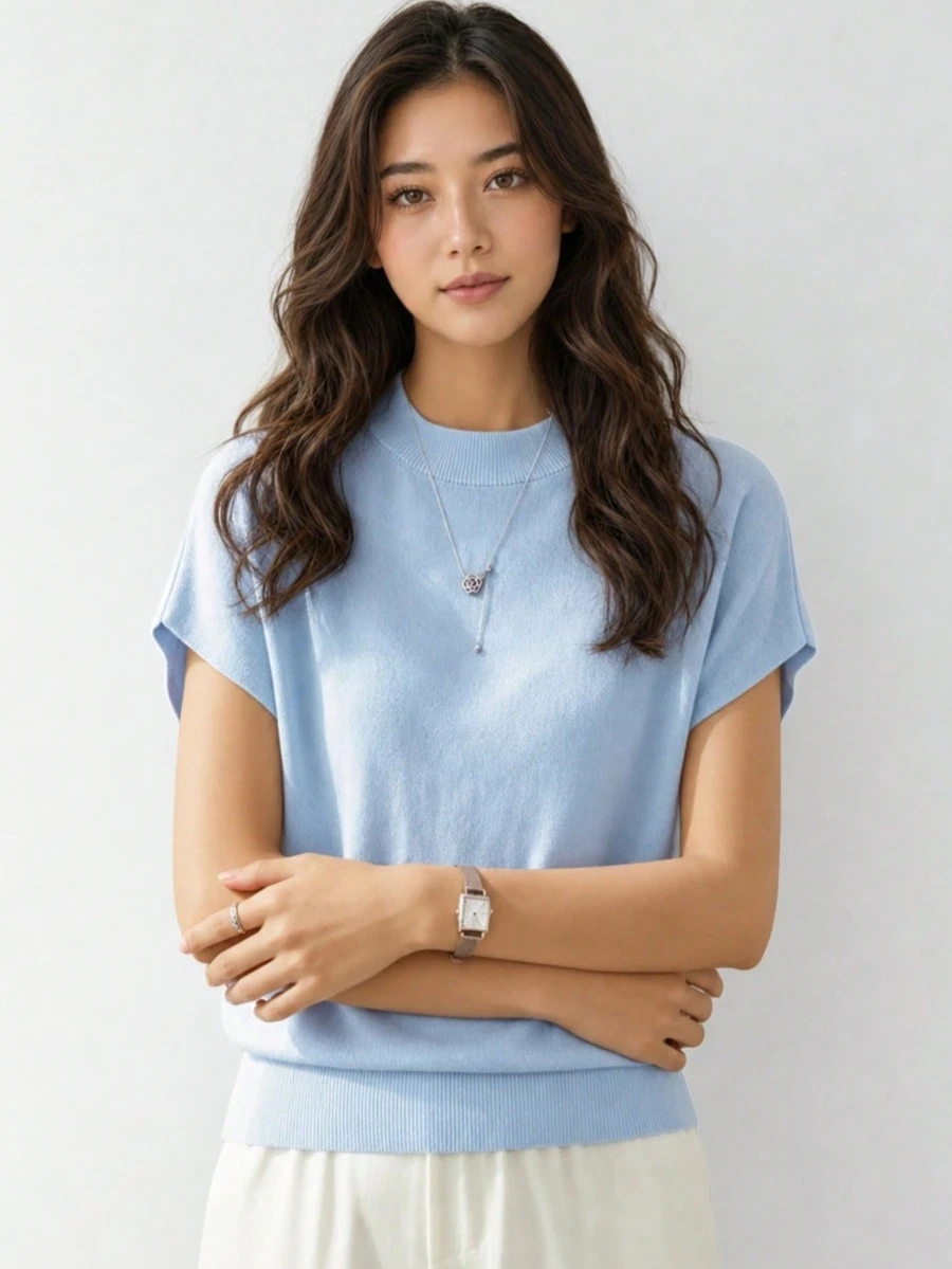 Finely-Spun New Loose Short Sleeve T-Shirt, Women Sleeveless Knitted Sweater, Solid Color Undershirt Summer - Light Blue - View 1