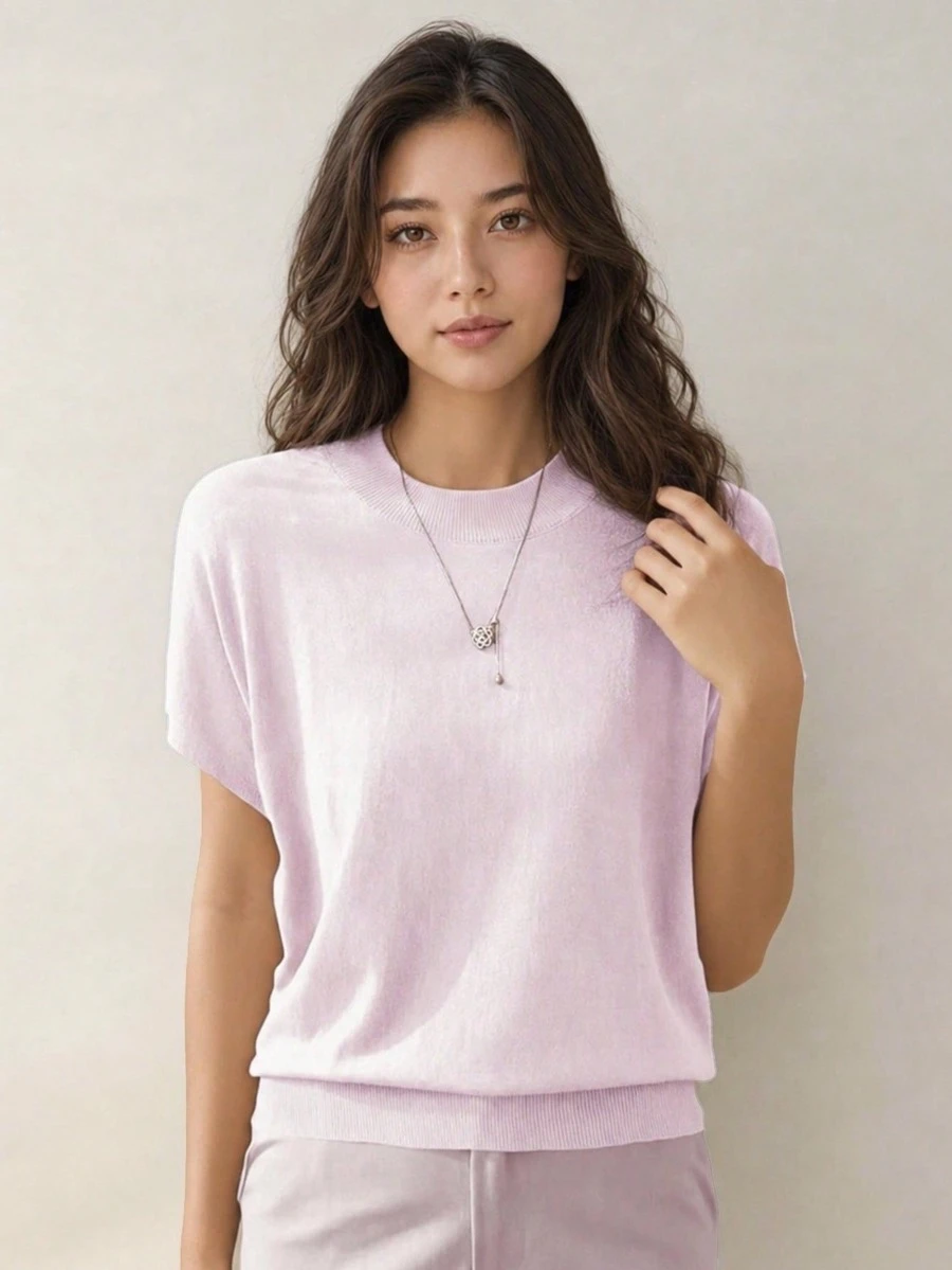 Fine Spun New Loose Short Sleeve T-Shirt Women, Distinctive Sleeveless Knit Sweater, Solid Color Undershirt Pink Summer - Pink - View 1