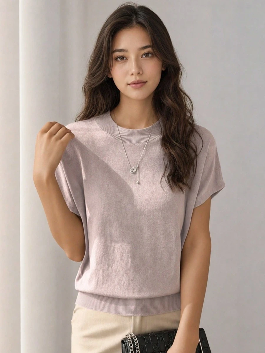Kaos Wanita Lengan Pendek Longgar Terbaru yang Elegan, Atasan Rajut Tanpa Lengan yang Khas, Lapisan Dasar Warna Polos untuk Musim Panas - Dusty Pink - View 1