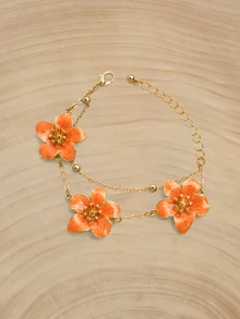Glizzene 1pc Summer Vacation Style Elegant Orange Ombre Floral Design Double Layer Five-Petal Flower Bracelet For Women, Wedding Gift - Orange - View 3