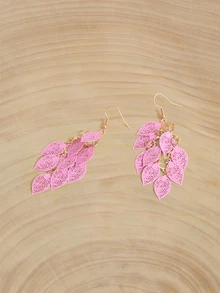 Glizzene 1 Pair Fashionable Hollow Multi-Leaf Pendant Metal Earrings, Suitable For Festivals, Parties And Daily Wear, Women Jewelry - Pink - View 2