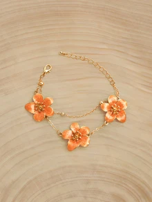 Glizzene 1pc Summer Vacation Style Elegant Orange Ombre Floral Design Double Layer Five-Petal Flower Bracelet For Women, Wedding Gift - Orange - View 1
