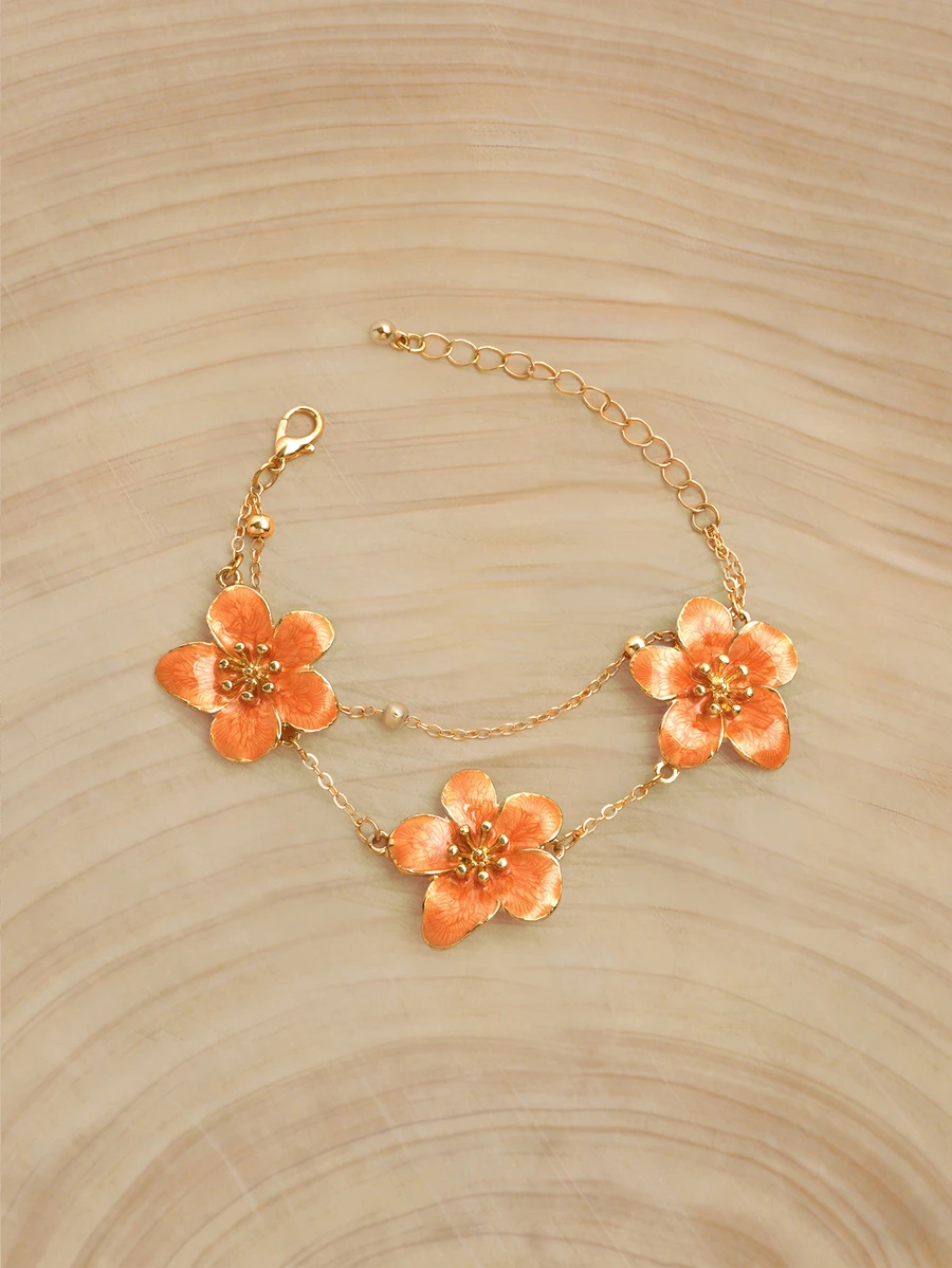 Glizzene 1pc Summer Vacation Style Elegant Orange Ombre Floral Design Double Layer Five-Petal Flower Bracelet For Women, Wedding Gift - Orange - View 1
