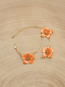Glizzene 1pc Summer Vacation Style Elegant Orange Ombre Floral Design Double Layer Five-Petal Flower Bracelet For Women, Wedding Gift - Orange - View 2