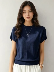 Áo thun ngắn tay dáng rộng mới, chất liệu sợi mịn, kiểu dáng độc đáo, áo dệt kim không tay, áo lót màu trơn mùa hè. - Màu xanh hải quân - Xem 1