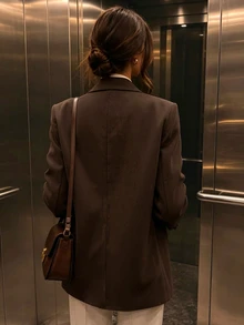 秋冬復古通勤女款咖啡棕燈芯絨長袖西裝外套，鈕扣細節設計 - 咖啡棕 - 查看 2
