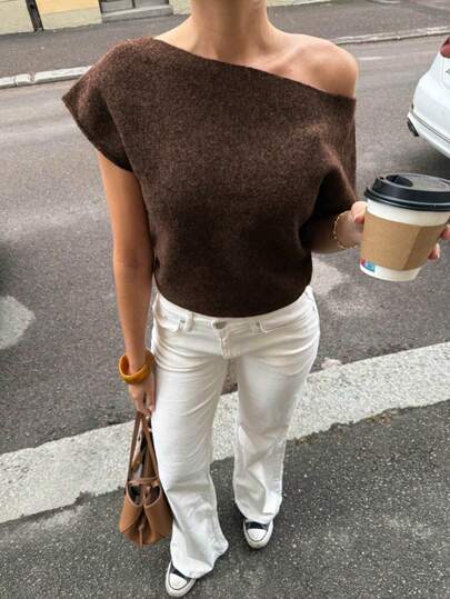 EAVA Women's Maillard Brown Loose Asymmetrical Cold Shoulder Knit Top, Sleeveless Dropped Shoulder Cut, Short Loose Fit, Soft Solid Color Knit, Minimalist Chic Commuter Sexy Knit Sweater