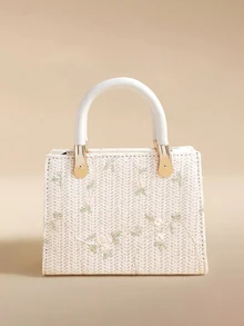 Glizzene 1件女款純色紋理刺繡鑲鑽圖案手提包，單肩斜背兩用，拉鍊封口 - 米色 - 查看 1