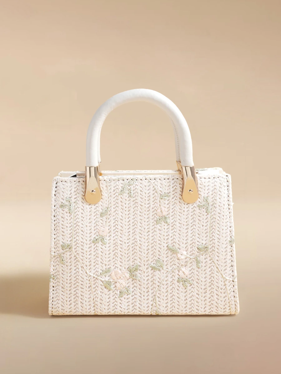 Glizzene 1件女款純色紋理刺繡鑲鑽圖案手提包，單肩斜背兩用，拉鍊封口 - 米色 - 查看 1