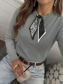 Women's Autumn/Winter Mixed Gray Crew Neck Knit Top With Paisley Print Scarf Tie, Commute Work Top - Grey - View 2