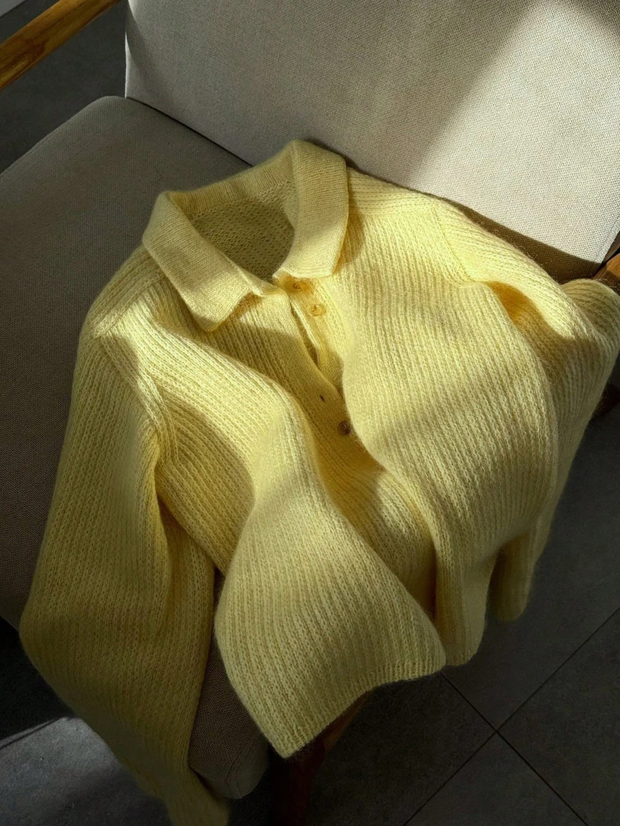 EAVA Autumn Winter Pastel Yellow Sweater Lapel Neck Button Front Knitwear Ribbed Cardigan Coat Slouchy Quiet Luxury Casual Pullover - Yellow - View 1