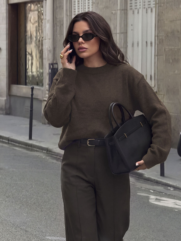 Women's Autumn/Winter Dark Brown Loose Round Neck Mexican Style Knit Top, Women's Office Wear, Business Professional Office Attire, Office Wear Fall