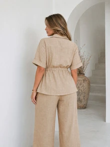 Women's Summer & Autumn 2 Pieces Set, Popular Oatmeal Linen 2 Pieces Set, Waist-Cinching Shirt + Drapey Wide-Leg Pants, Women's 2 Pieces Set Elegant - Camel - View 2