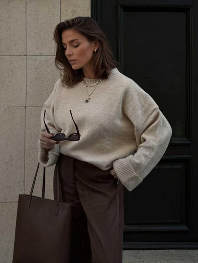FOR BEAUTY Fall Winter Casual Beige Crew Neck Drop Shoulder Loose Knit Sweater Pullover Tops Outerwear Women School Street Brunch Outfits