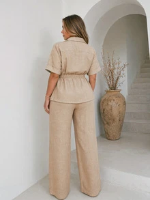 Women's Summer & Autumn 2 Pieces Set, Popular Oatmeal Linen 2 Pieces Set, Waist-Cinching Shirt + Drapey Wide-Leg Pants, Women's 2 Pieces Set Elegant - Camel - View 5
