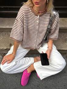 Vivid Style Summer/Autumn Basic Brown Striped Button-Up Cardigan, Old Money Style Short Five-Sleeve Knit Top, Back To School Outfit Inspiration Fall - Khaki - View 1