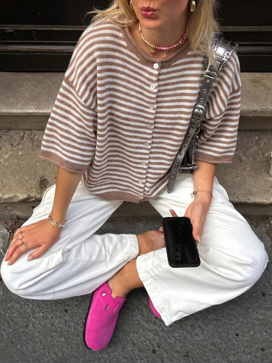 Vivid Style Summer/Autumn Basic Brown Striped Button-Up Cardigan, Old Money Style Short Five-Sleeve Knit Top, Back To School Outfit Inspiration Fall - Khaki - View 1