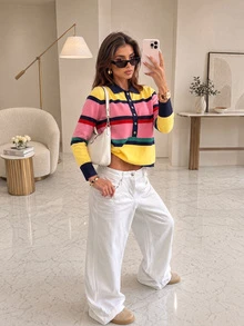 FOR BEAUTY Women's Striped Knit Polo Collar Multi-Color Long Sleeve Half-Button Cardigan Sweater, Party And Outings Fall - Multicolor - View 7