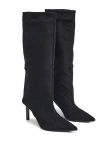 Rylithe Women's Fashionable Suede Pointed Toe Stiletto High Heel Slip-On Knee-High Boots, Brown, Khaki, Black - Black - View 2
