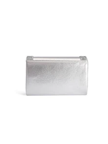 Rylithe Bolso de mano de fiesta formal con solapa y decoración de cristales brillantes, bolso bandolera de hombro PU, bolso de moda - Plateado - Ver 5