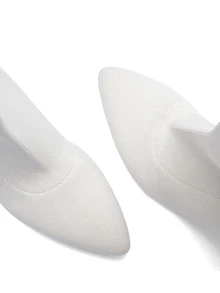 Rylithe Women's Chunky Heel Pointed Toe Elastic Ankle Boots, White Knit Ankle Boots, Fashionable Solid Color Booties For Autumn/Winter - White - View 6