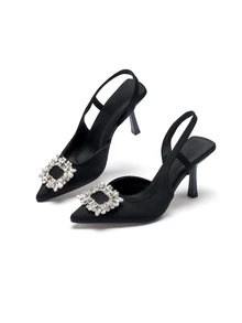Rylithe Fashionable Women's Black High Heel Pointed Toe Bowknot Rhinestone Decor Sandals Valentines,Elegant,Women Pumps - Black - View 4