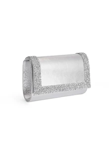 Rylithe Bolso de mano de fiesta formal con solapa y decoración de cristales brillantes, bolso bandolera de hombro PU, bolso de moda - Plateado - Ver 3