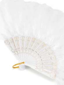Rylithe 1pc Vintage Folding Feather Hand Fan For Women, Classical Dance Cheongsam Fashion Show Palace Fan, Fairy Performance Feather - White - View 4