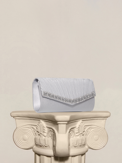 Rylithe Moonlit EveBag Borsa a mano lucida con design plissettato e decorazione in strass, adatta per banchetti serali e matrimoni romantici in bianco
