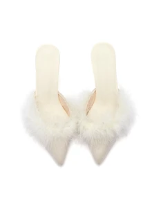 Rylithe Sepatu hak tinggi wanita model mules, sandal slip-on berbulu lembut berujung lancip untuk musim gugur dan musim dingin, sepatu formal putih. - Krem - View 3