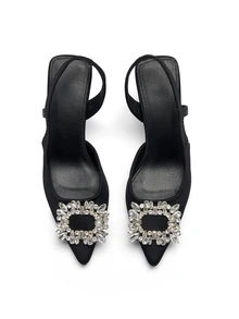 Rylithe Fashionable Women's Black High Heel Pointed Toe Bowknot Rhinestone Decor Sandals Valentines,Elegant,Women Pumps - Black - View 3