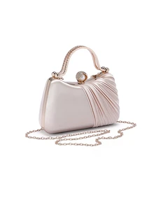 Rylithe Moonlit EveBag 1 chiếc Túi Clutch Xếp Ly Satin Sang Trọng Trang Trí Đá Rhinestone Lấp Lánh Cho Tiệc Tối - Màu be - Xem 4