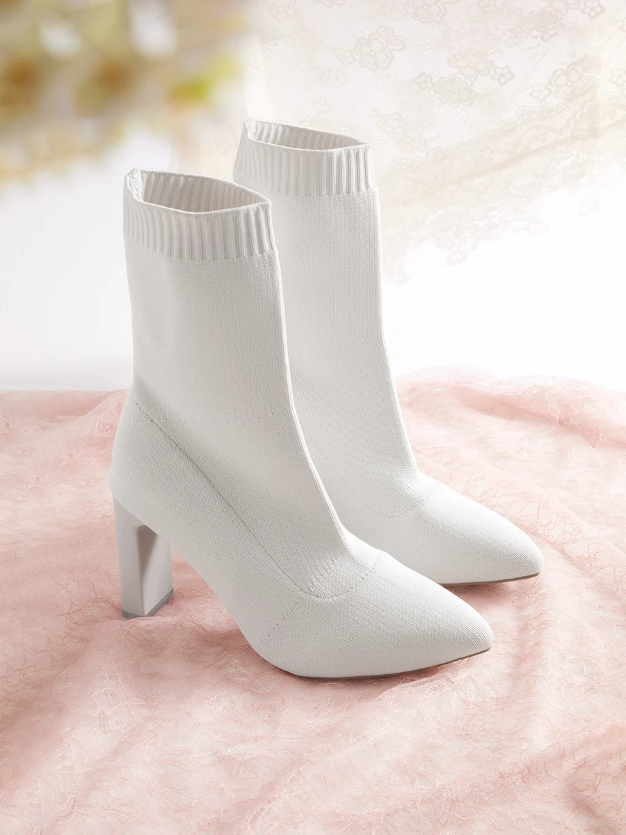 Rylithe Women's Chunky Heel Pointed Toe Elastic Ankle Boots, White Knit Ankle Boots, Fashionable Solid Color Booties For Autumn/Winter - White - View 1