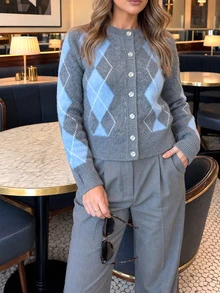 MORI Cardigan Wanita Musim Gugur/Musim Dingin Y2K Abu-abu Biru Lembut Pola Argyle Leher Bulat Lengan Panjang Sweater Rajut Atasan Cardigan Gaya Streetwear Estetik - MultiWarna - View 7