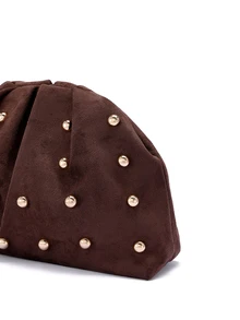 Rylithe 1pc Soft Suede Ruched Clutch Bag With Rivet Decor, Chocolate Brown, Vintage Minimalist Fashion, And Occasions, Wedding, Graduation - Coffee - View 6