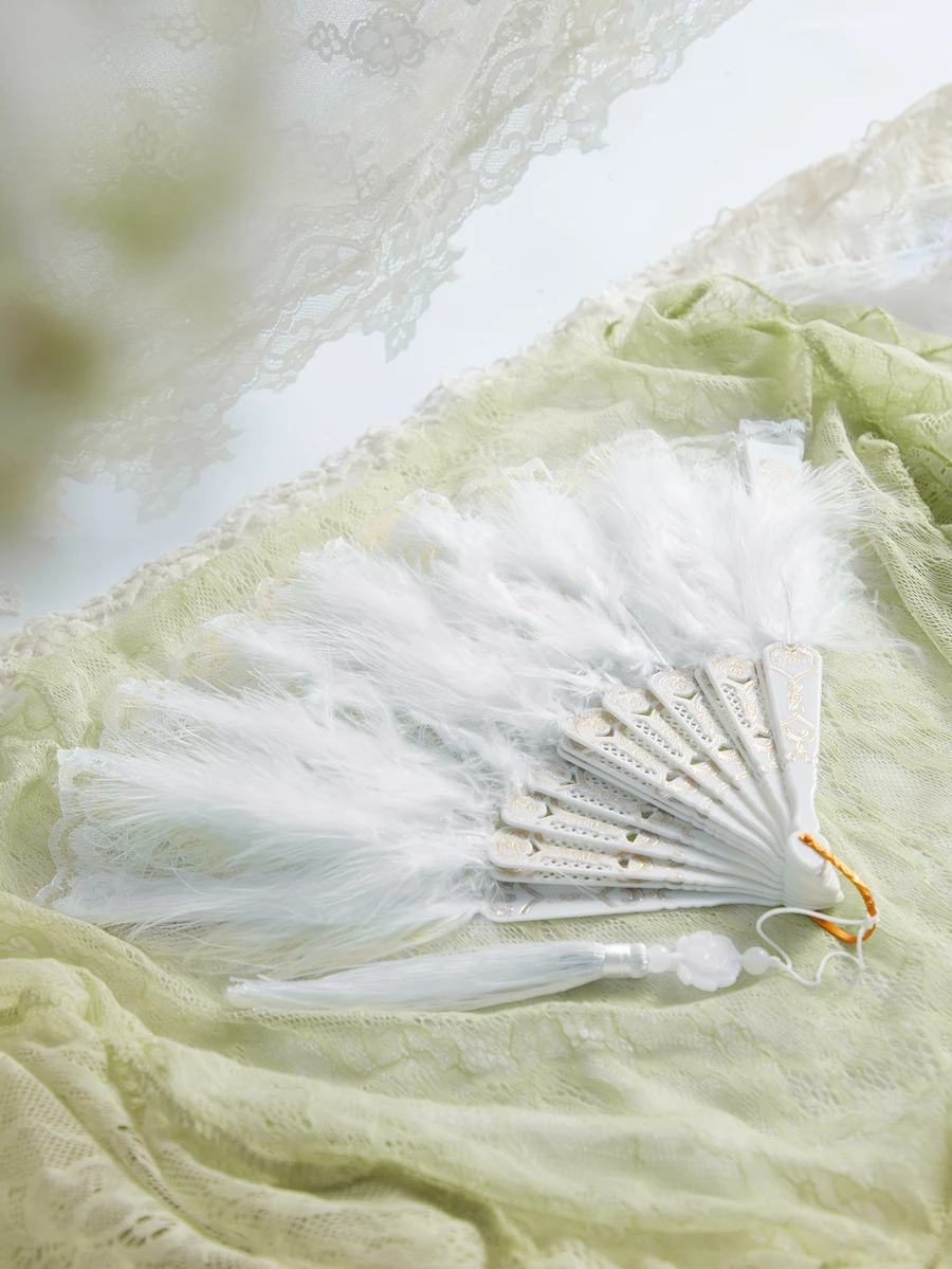 Rylithe 1pc Vintage Folding Feather Hand Fan For Women, Classical Dance Cheongsam Fashion Show Palace Fan, Fairy Performance Feather - White - View 1