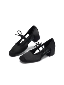 Rylithe Square Toe Chunky Heel Women's Shoes, Versatile Bow Slip-On Shoes, Fashionable Shoes, Black High Heels - Black Hollow (half With Bow) - View 4