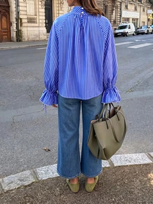 Vertical Striped High Neck Bubble Sleeve Shirt With Tie Cuffs - Blue - View 3