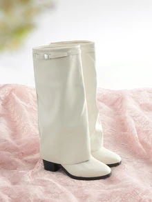 Rylithe Solid Color Pointed Toe High Heel Slip-On Buckle Women's High Heel Boots, Suitable For Shopping, Party, Date, Home, Commute, Fashion Casual - Beige - View 1