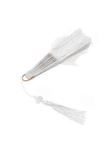 Rylithe 1pc Vintage Folding Feather Hand Fan For Women, Classical Dance Cheongsam Fashion Show Palace Fan, Fairy Performance Feather - White - View 3
