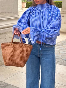 Vertical Striped High Neck Bubble Sleeve Shirt With Tie Cuffs - Blue - View 1