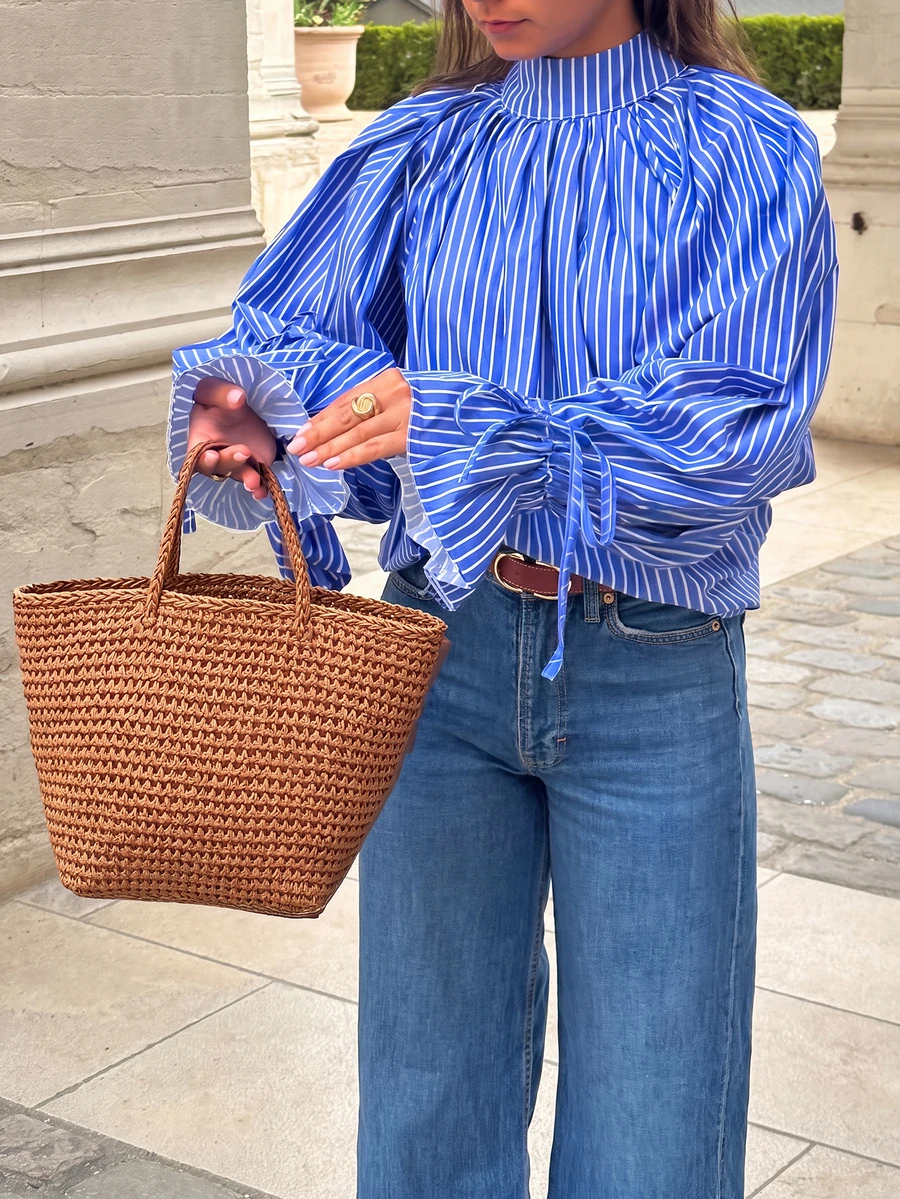 Vertical Striped High Neck Bubble Sleeve Shirt With Tie Cuffs - Blue - View 1