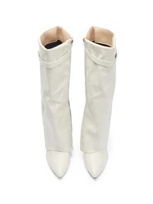 Rylithe 2025 Women's Fold-Over Knee High Boots, Pointed Toe High Heel Boots With Decorative Buckle, Wide Calf Wedge Heel - Beige - View 3